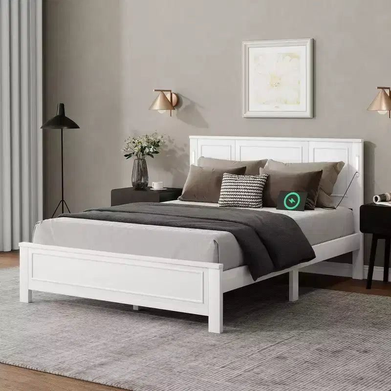 Lit double et cadre de lit Whisen avec tête et pied de lit à panneau haut, lumières LED intégrées, station de charge USB