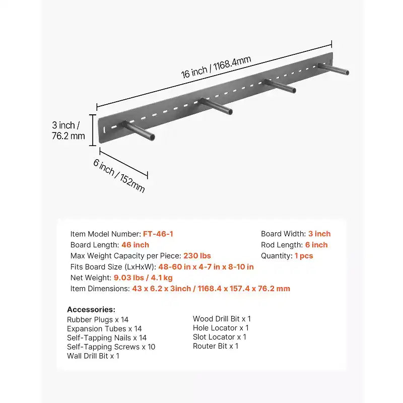 Support d'Étagère Flottante VEVOR, 1 Unité, Capacité de 104 kg, 1168,4x157,4x76,2 mm, Robuste Dissimulé, Fixation Murale, Noir