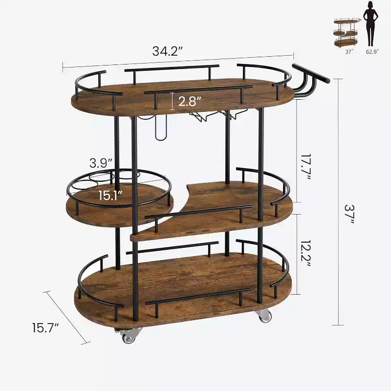Chariots de bar à roulettes avec 4 étagères de rangement et porte-bouteilles/verres pour cuisine, salle à manger, salon