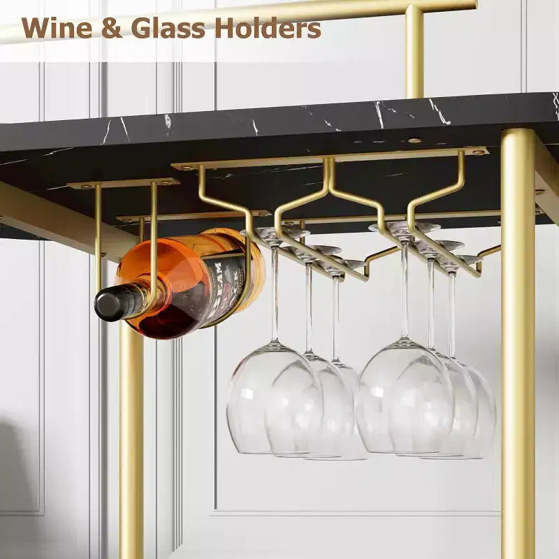 Chariots de bar à roulettes avec 4 étagères de rangement et porte-bouteilles/verres pour cuisine, salle à manger, salon