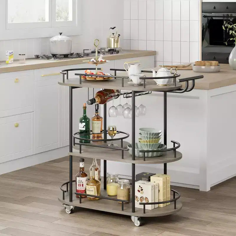 Chariots de bar à roulettes avec 4 étagères de rangement et porte-bouteilles/verres pour cuisine, salle à manger, salon