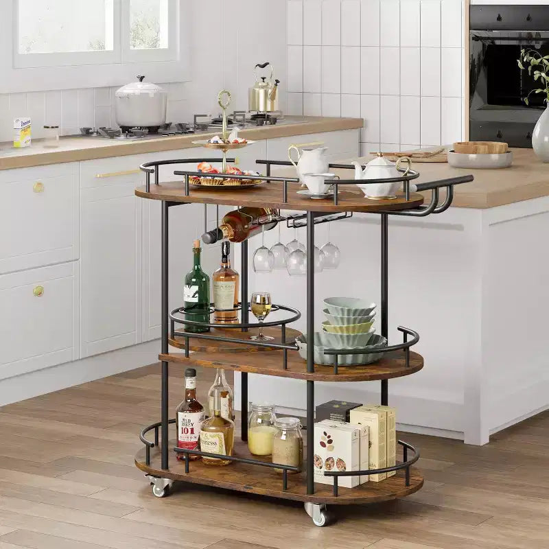 Chariots de bar à roulettes avec 4 étagères de rangement et porte-bouteilles/verres pour cuisine, salle à manger, salon
