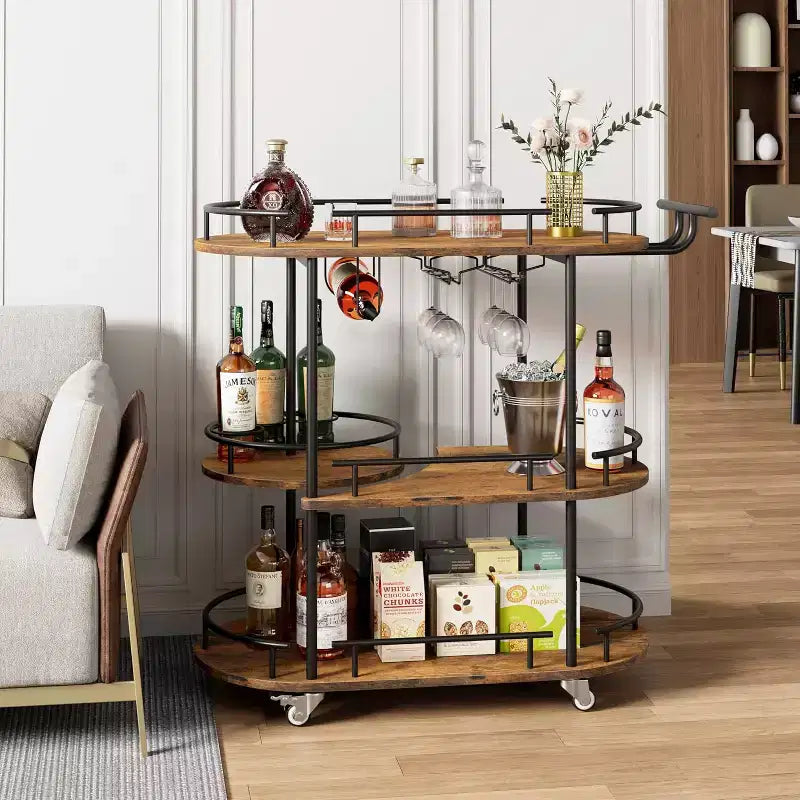 Chariots de bar à roulettes avec 4 étagères de rangement et porte-bouteilles/verres pour cuisine, salle à manger, salon