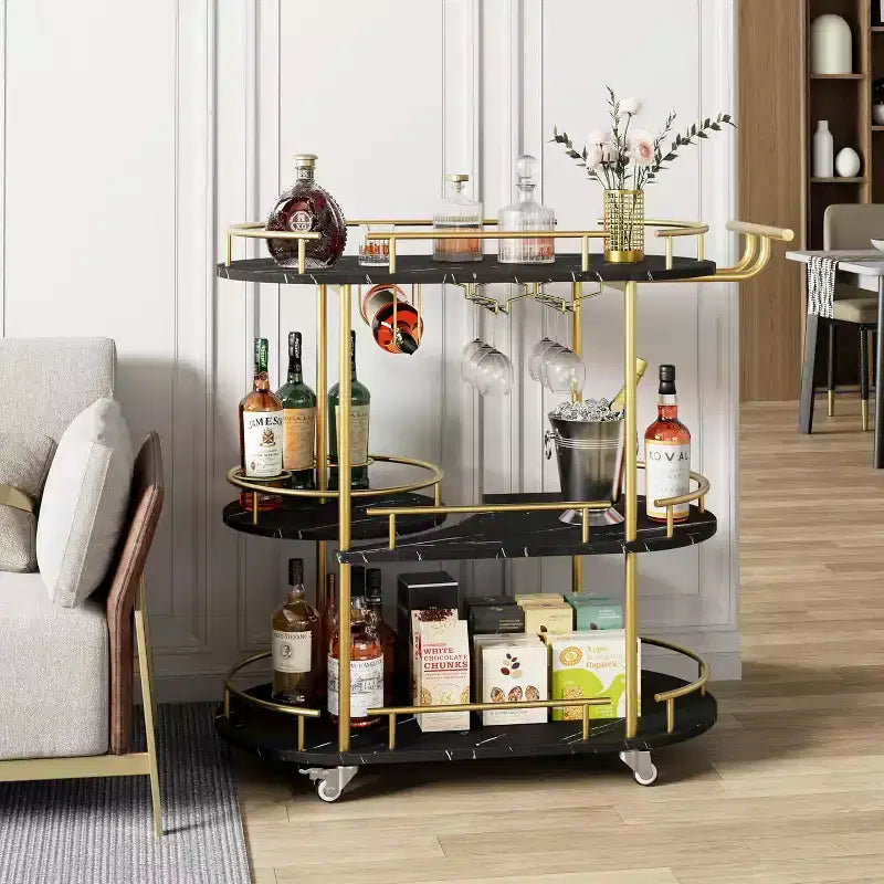 Chariots de bar à roulettes avec 4 étagères de rangement et porte-bouteilles/verres pour cuisine, salle à manger, salon