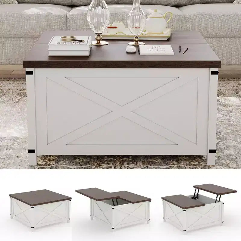 Table basse relevable de style campagnard – Carrée marron avec rangement caché, design industriel rustique pour salon/bureau à domicile/petits espaces