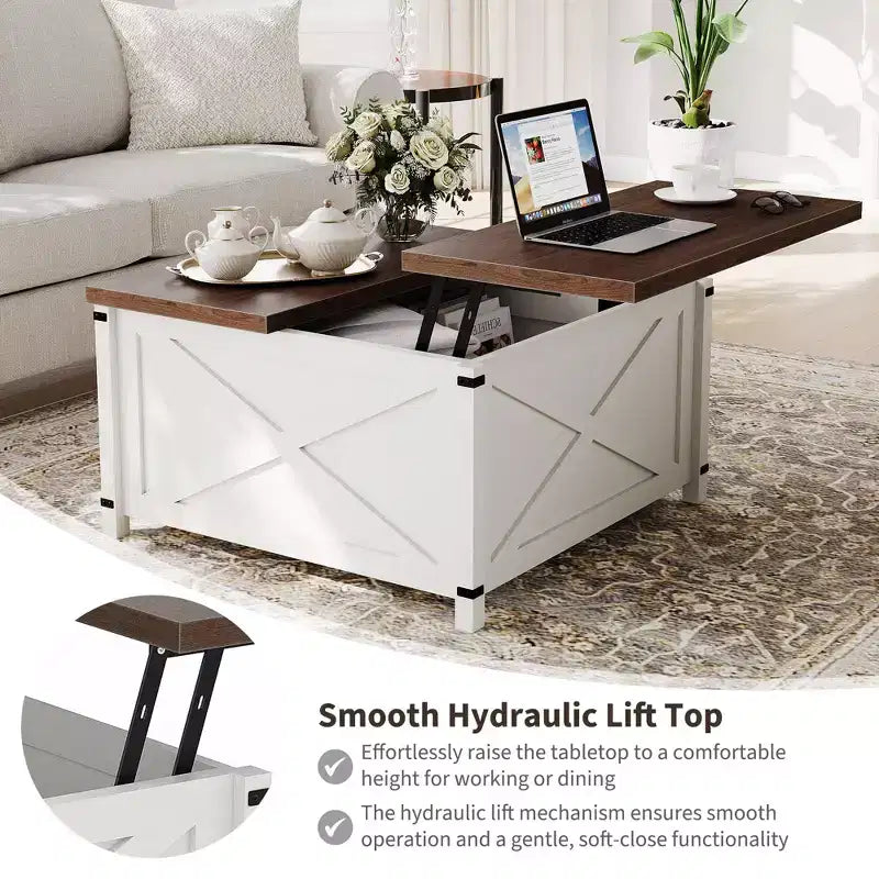 Table basse relevable de style campagnard – Carrée marron avec rangement caché, design industriel rustique pour salon/bureau à domicile/petits espaces