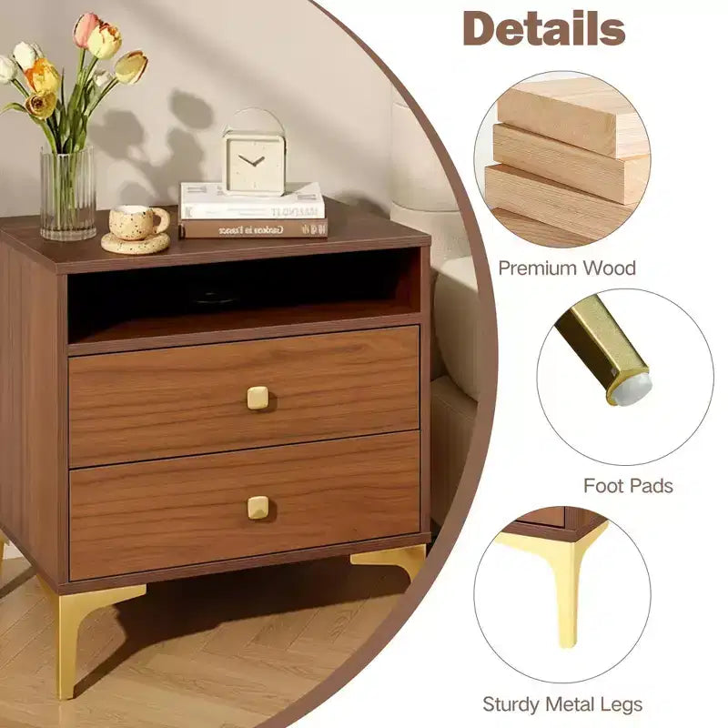 TYBOATLE Table de chevet en rotin avec station de recharge sans fil, Table d'appoint moderne du milieu du siècle avec 2 tiroirs tressés bohème, Table de chevet en bois pour chambre à coucher