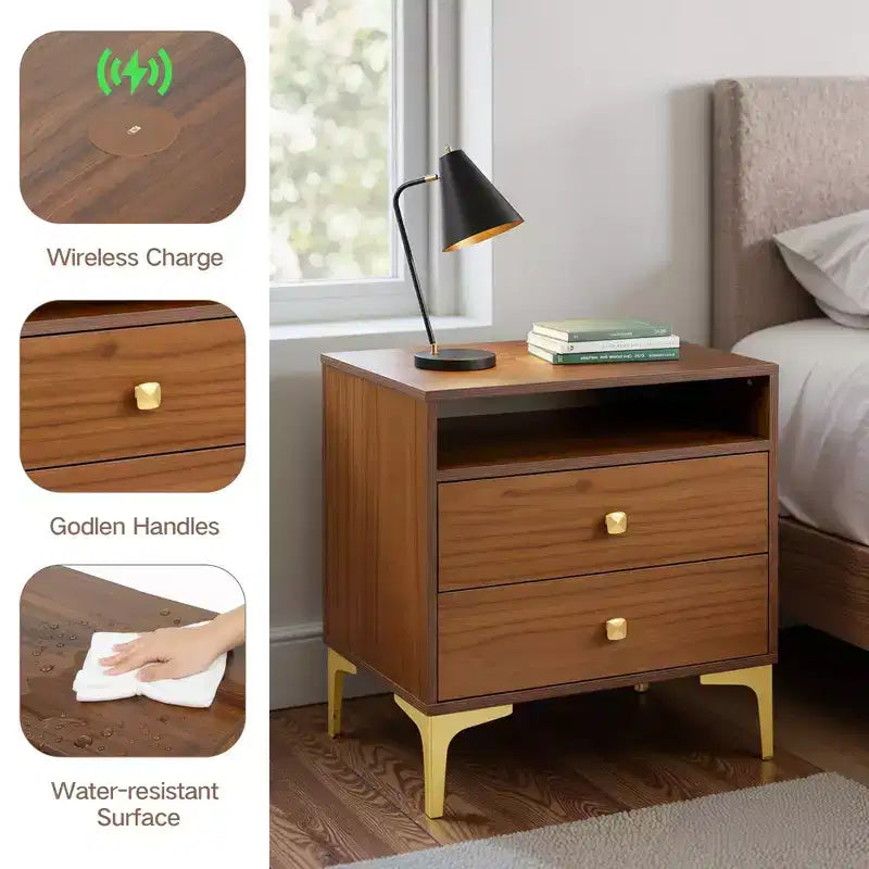 TYBOATLE Table de chevet en rotin avec station de recharge sans fil, Table d'appoint moderne du milieu du siècle avec 2 tiroirs tressés bohème, Table de chevet en bois pour chambre à coucher