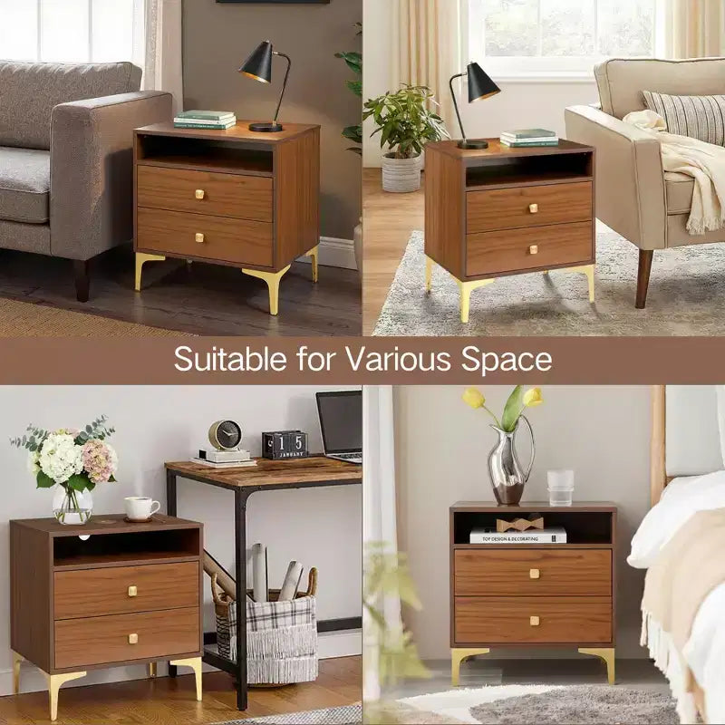 TYBOATLE Table de chevet en rotin avec station de recharge sans fil, Table d'appoint moderne du milieu du siècle avec 2 tiroirs tressés bohème, Table de chevet en bois pour chambre à coucher