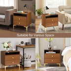 TYBOATLE Table de chevet en rotin avec station de recharge sans fil, Table d'appoint moderne du milieu du siècle avec 2 tiroirs tressés bohème, Table de chevet en bois pour chambre à coucher