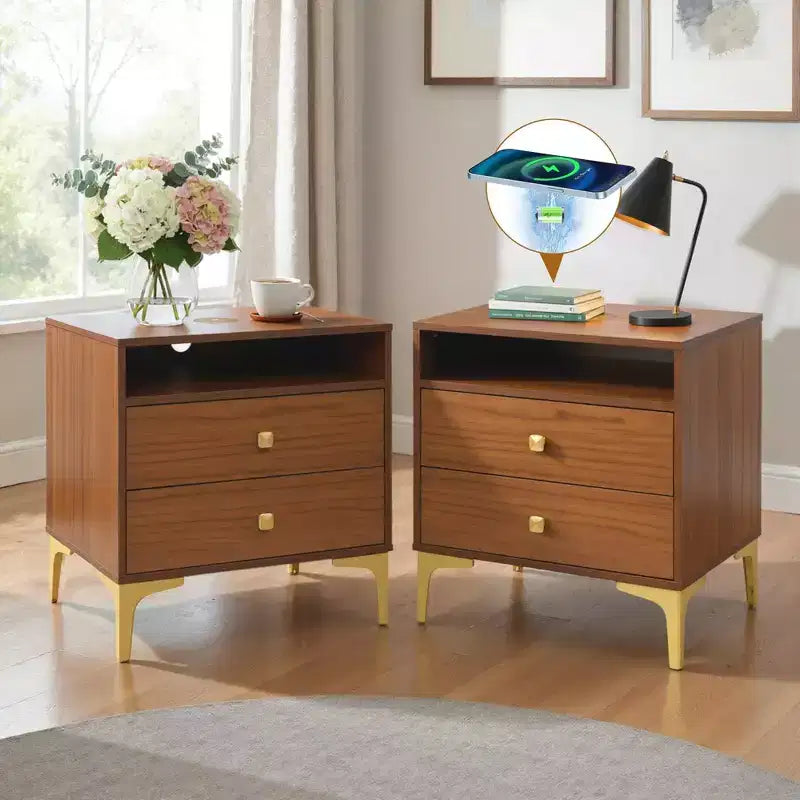 TYBOATLE Table de chevet en rotin avec station de recharge sans fil, Table d'appoint moderne du milieu du siècle avec 2 tiroirs tressés bohème, Table de chevet en bois pour chambre à coucher