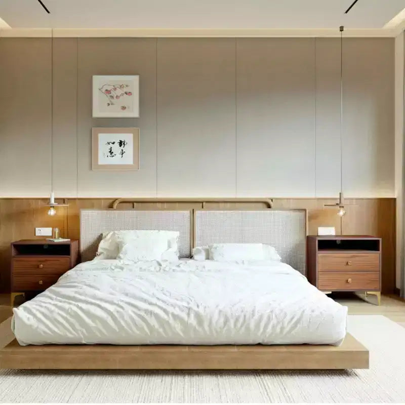TYBOATLE Table de chevet en rotin avec station de recharge sans fil, Table d'appoint moderne du milieu du siècle avec 2 tiroirs tressés bohème, Table de chevet en bois pour chambre à coucher