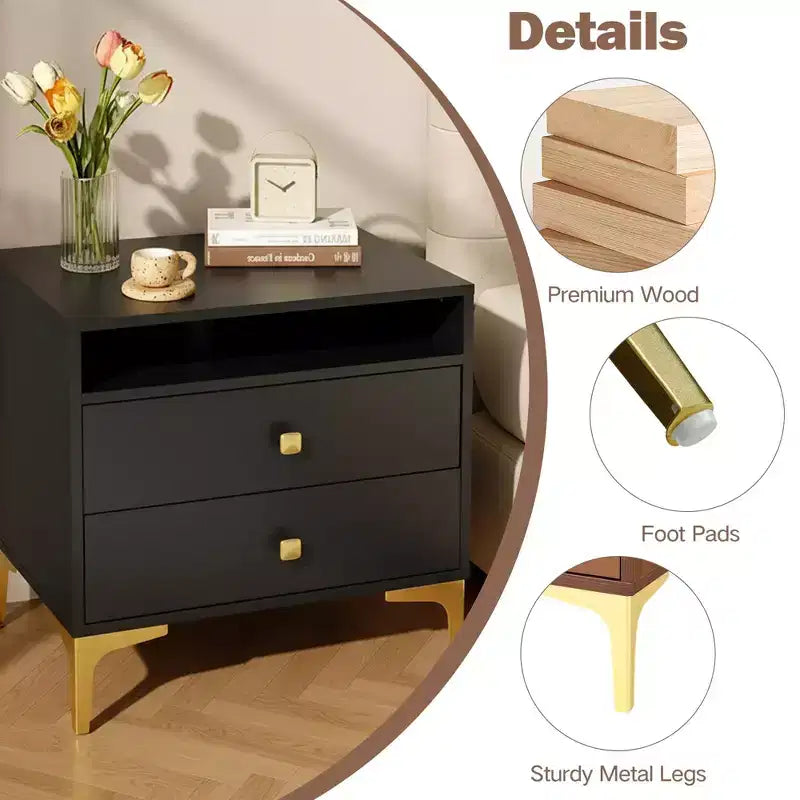 TYBOATLE Table de chevet en rotin avec station de recharge sans fil, Table d'appoint moderne du milieu du siècle avec 2 tiroirs tressés bohème, Table de chevet en bois pour chambre à coucher