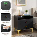 TYBOATLE Table de chevet en rotin avec station de recharge sans fil, Table d'appoint moderne du milieu du siècle avec 2 tiroirs tressés bohème, Table de chevet en bois pour chambre à coucher