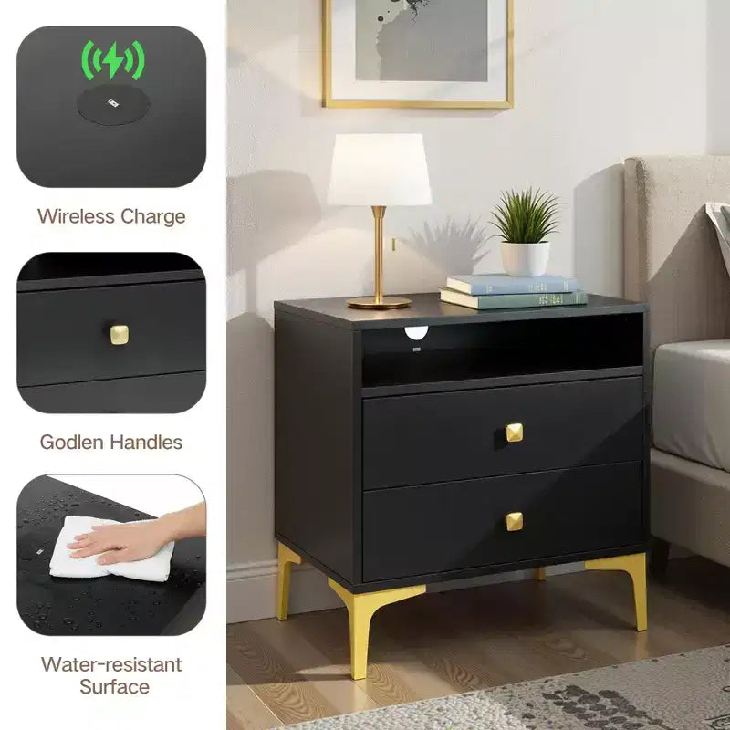 TYBOATLE Table de chevet en rotin avec station de recharge sans fil, Table d'appoint moderne du milieu du siècle avec 2 tiroirs tressés bohème, Table de chevet en bois pour chambre à coucher