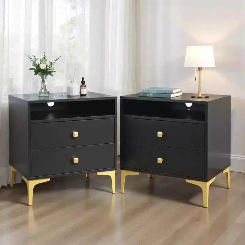 TYBOATLE Table de chevet en rotin avec station de recharge sans fil, Table d'appoint moderne du milieu du siècle avec 2 tiroirs tressés bohème, Table de chevet en bois pour chambre à coucher