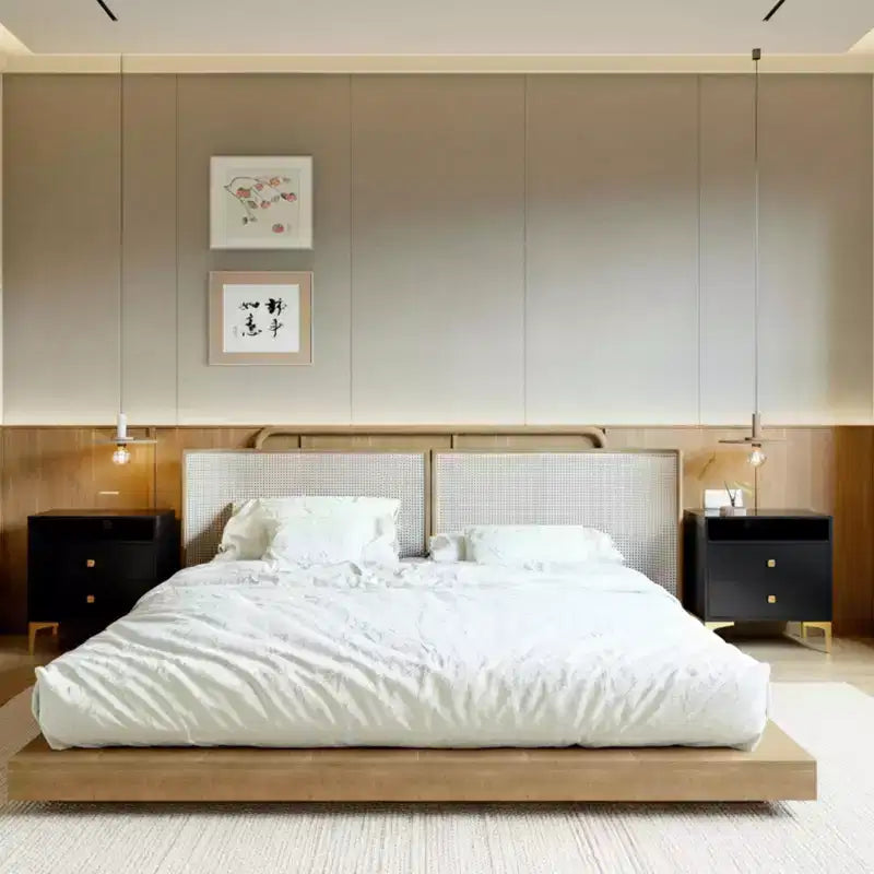 TYBOATLE Table de chevet en rotin avec station de recharge sans fil, Table d'appoint moderne du milieu du siècle avec 2 tiroirs tressés bohème, Table de chevet en bois pour chambre à coucher