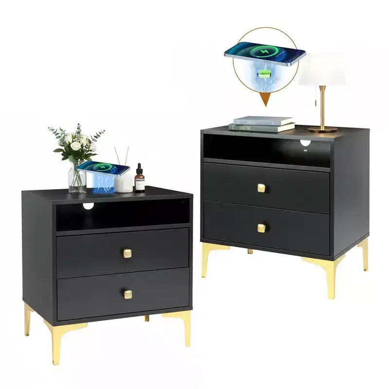 TYBOATLE Rattan Nightstand with Wireless Charging Station, Mid-Century Modern End Table with 2 Boho Woven Drawers, Wood Bedside Table for Bedroom