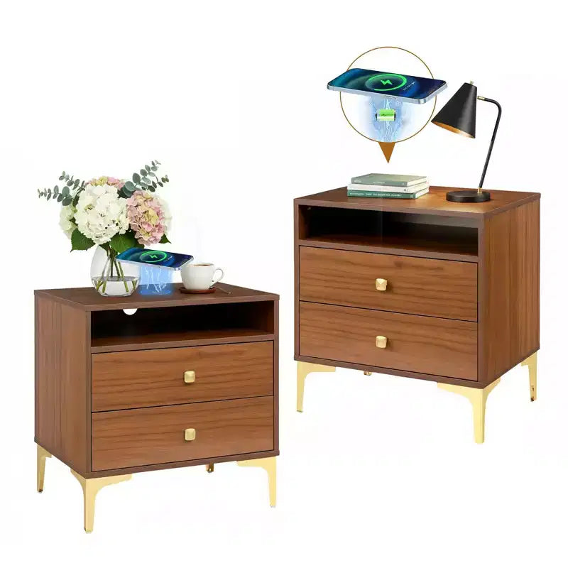 TYBOATLE Table de chevet en rotin avec station de recharge sans fil, Table d'appoint moderne du milieu du siècle avec 2 tiroirs tressés bohème, Table de chevet en bois pour chambre à coucher