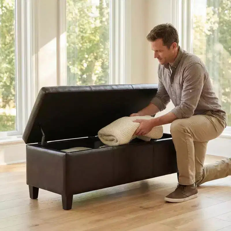 Zeus & Ruta 50.25 Banc de rangement rectangulaire avec couvercle relevable en similicuir marron vieilli