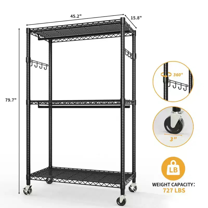 Portant à vêtements roulant, 75,6H, en métal robuste avec roues, 1 tringle à suspendre, étagères et crochets latéraux réglables, portant à vêtements portable en fil métallique
