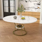 4359 Table de salle à manger ronde extensible pour 4 à 6 personnes, table de cuisine avec étagère de rangement et base en métal pour salle à manger-Panipeachy