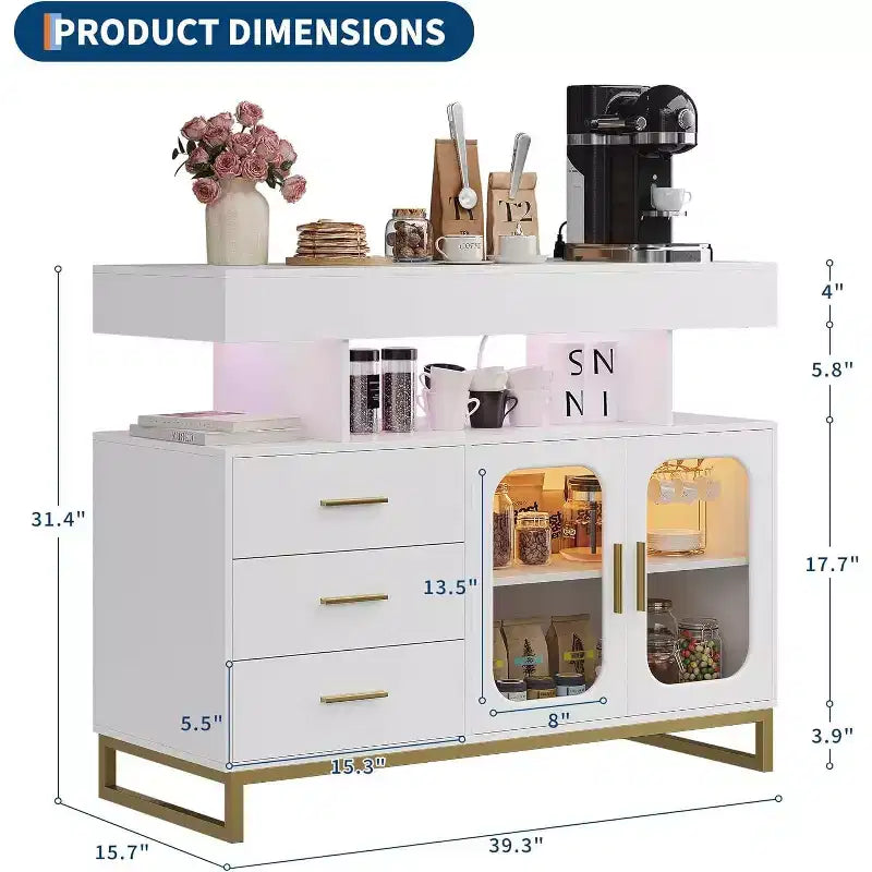 Buffet moderne avec lumières LED RGB à capteur automatique et station de recharge, buffet de 101 cm avec 3 tiroirs et 2 portes