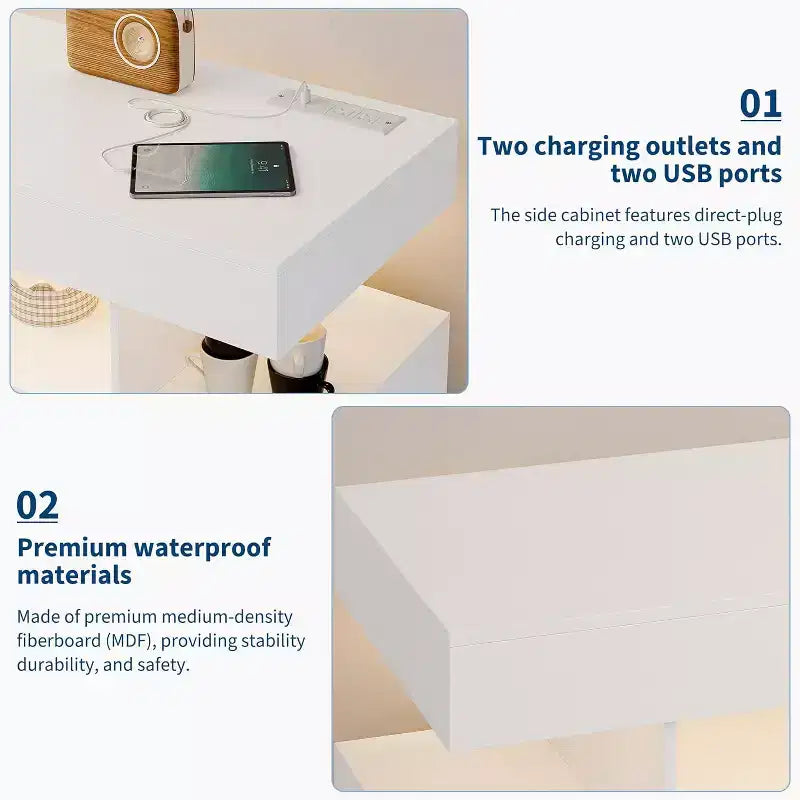 Buffet moderne avec lumières LED RGB à capteur automatique et station de recharge, buffet de 101 cm avec 3 tiroirs et 2 portes