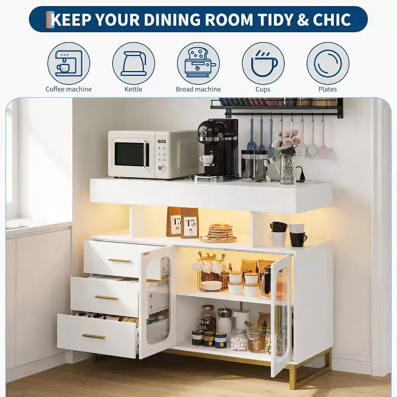 Buffet moderne avec lumières LED RGB à capteur automatique et station de recharge, buffet de 101 cm avec 3 tiroirs et 2 portes