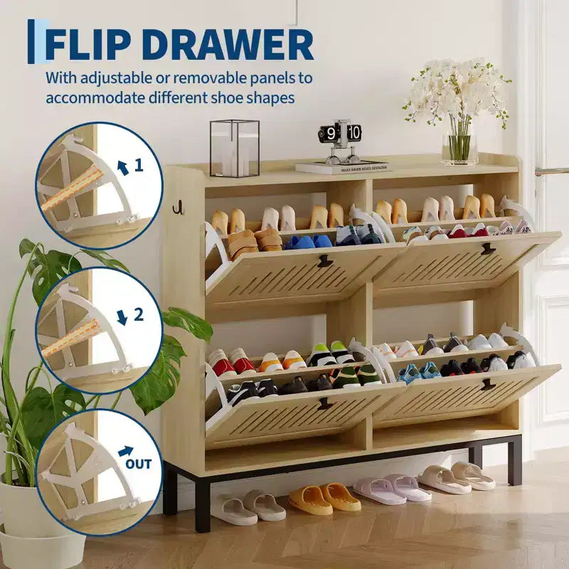 Meuble de rangement pour chaussures, Organisateur de chaussures - Design moderne à 4 portes abattantes avec étagères réglables, Gain de place pour l'entrée, le couloir et le salon