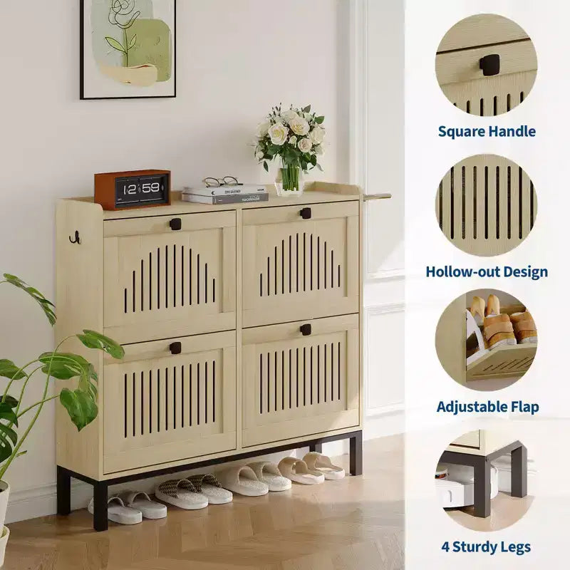 Meuble de rangement pour chaussures, Organisateur de chaussures - Design moderne à 4 portes abattantes avec étagères réglables, Gain de place pour l'entrée, le couloir et le salon