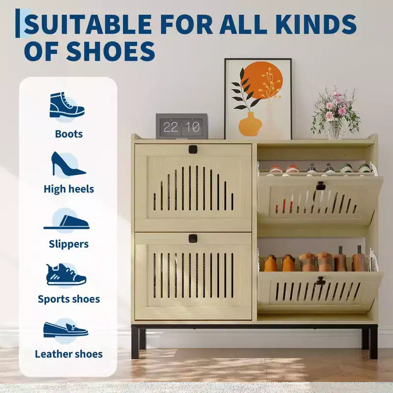 Meuble de rangement pour chaussures, Organisateur de chaussures - Design moderne à 4 portes abattantes avec étagères réglables, Gain de place pour l'entrée, le couloir et le salon