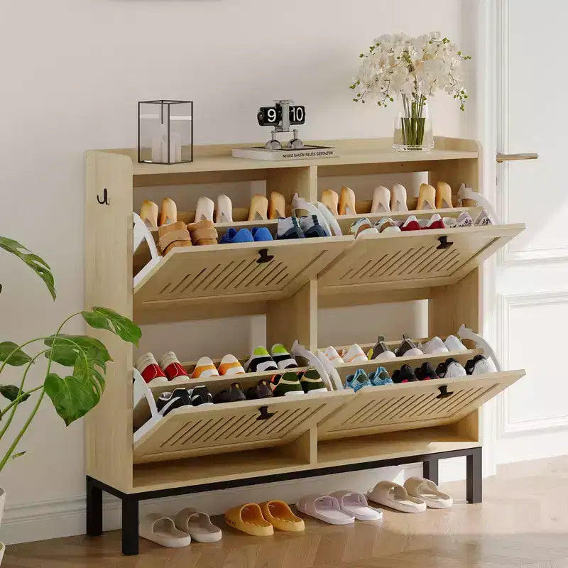 Meuble de rangement pour chaussures, Organisateur de chaussures - Design moderne à 4 portes abattantes avec étagères réglables, Gain de place pour l'entrée, le couloir et le salon