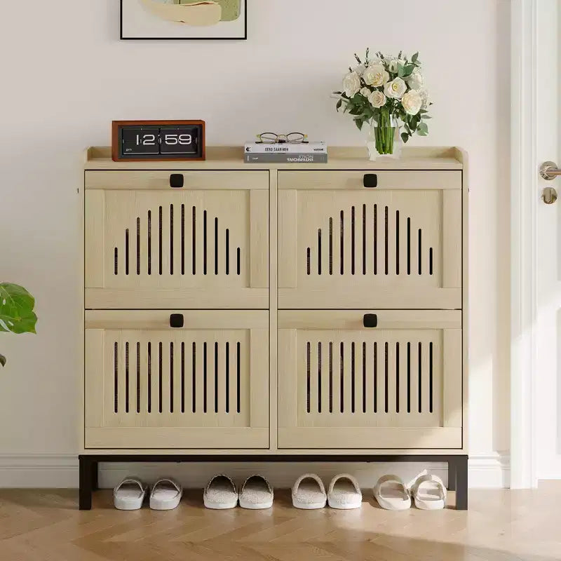 Meuble de rangement pour chaussures, Organisateur de chaussures - Design moderne à 4 portes abattantes avec étagères réglables, Gain de place pour l'entrée, le couloir et le salon
