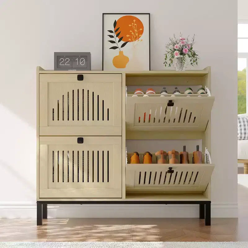Meuble de rangement pour chaussures, Organisateur de chaussures - Design moderne à 4 portes abattantes avec étagères réglables, Gain de place pour l'entrée, le couloir et le salon