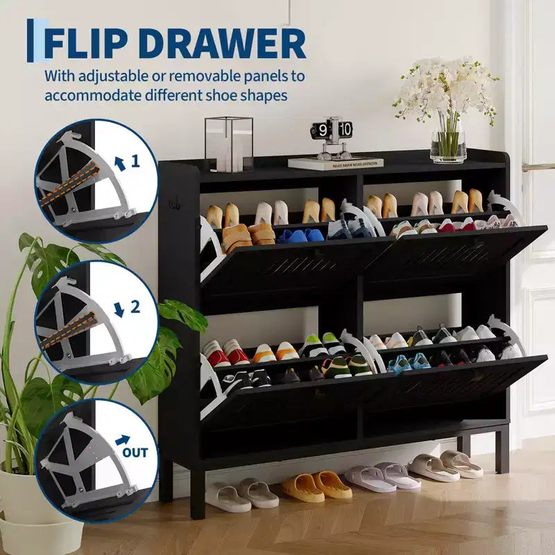 Meuble de rangement pour chaussures, Organisateur de chaussures - Design moderne à 4 portes abattantes avec étagères réglables, Gain de place pour l'entrée, le couloir et le salon