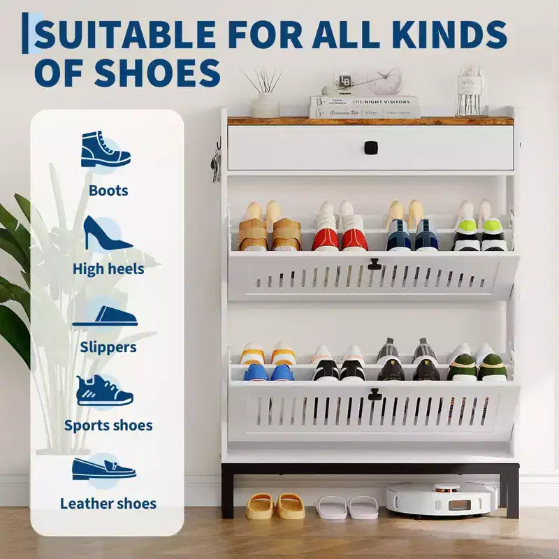 Meuble de rangement pour chaussures, Organisateur de chaussures - Design moderne à 4 portes abattantes avec étagères réglables, Gain de place pour l'entrée, le couloir et le salon