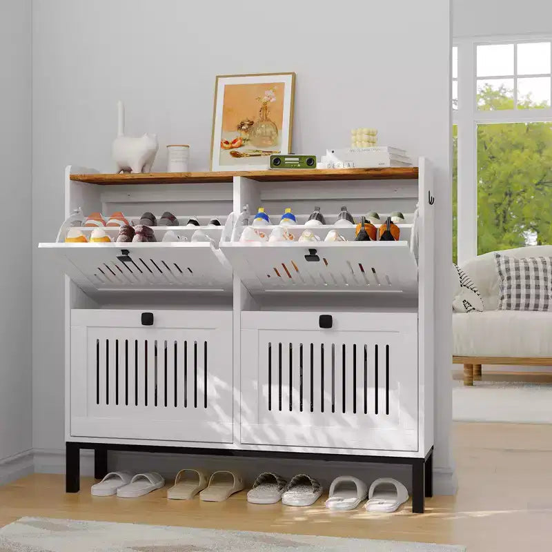 Meuble de rangement pour chaussures, Organisateur de chaussures - Design moderne à 4 portes abattantes avec étagères réglables, Gain de place pour l'entrée, le couloir et le salon
