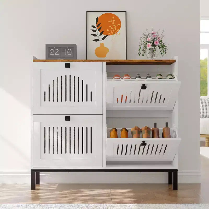 Meuble de rangement pour chaussures, Organisateur de chaussures - Design moderne à 4 portes abattantes avec étagères réglables, Gain de place pour l'entrée, le couloir et le salon