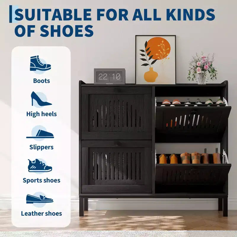 Meuble de rangement pour chaussures, Organisateur de chaussures - Design moderne à 4 portes abattantes avec étagères réglables, Gain de place pour l'entrée, le couloir et le salon