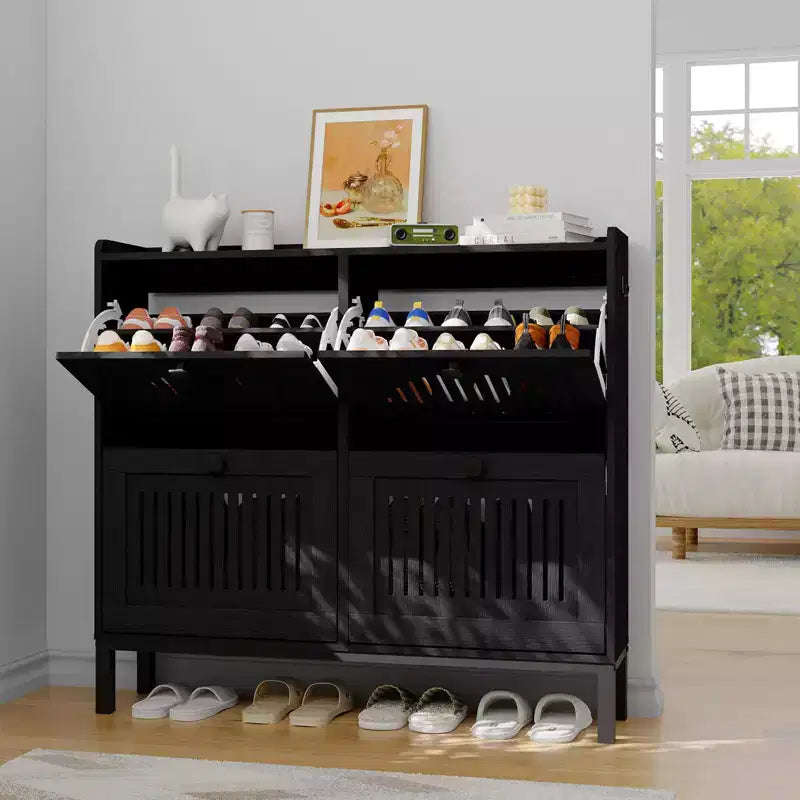Meuble de rangement pour chaussures, Organisateur de chaussures - Design moderne à 4 portes abattantes avec étagères réglables, Gain de place pour l'entrée, le couloir et le salon