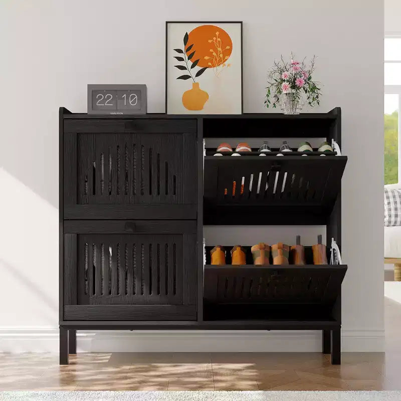 Meuble de rangement pour chaussures, Organisateur de chaussures - Design moderne à 4 portes abattantes avec étagères réglables, Gain de place pour l'entrée, le couloir et le salon