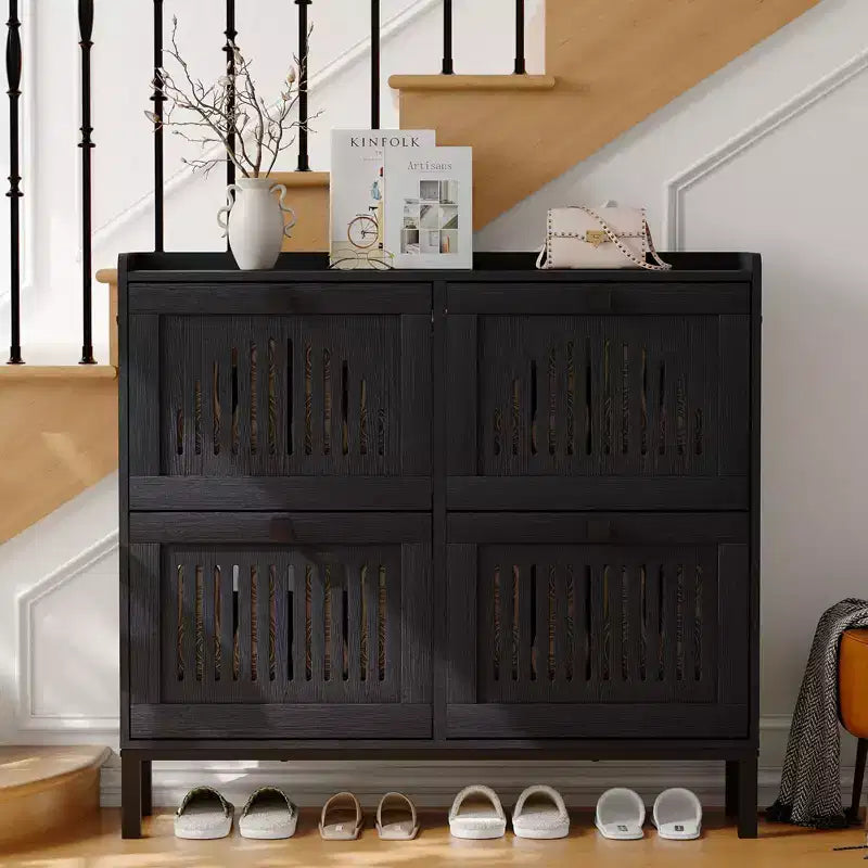 Meuble de rangement pour chaussures, Organisateur de chaussures - Design moderne à 4 portes abattantes avec étagères réglables, Gain de place pour l'entrée, le couloir et le salon