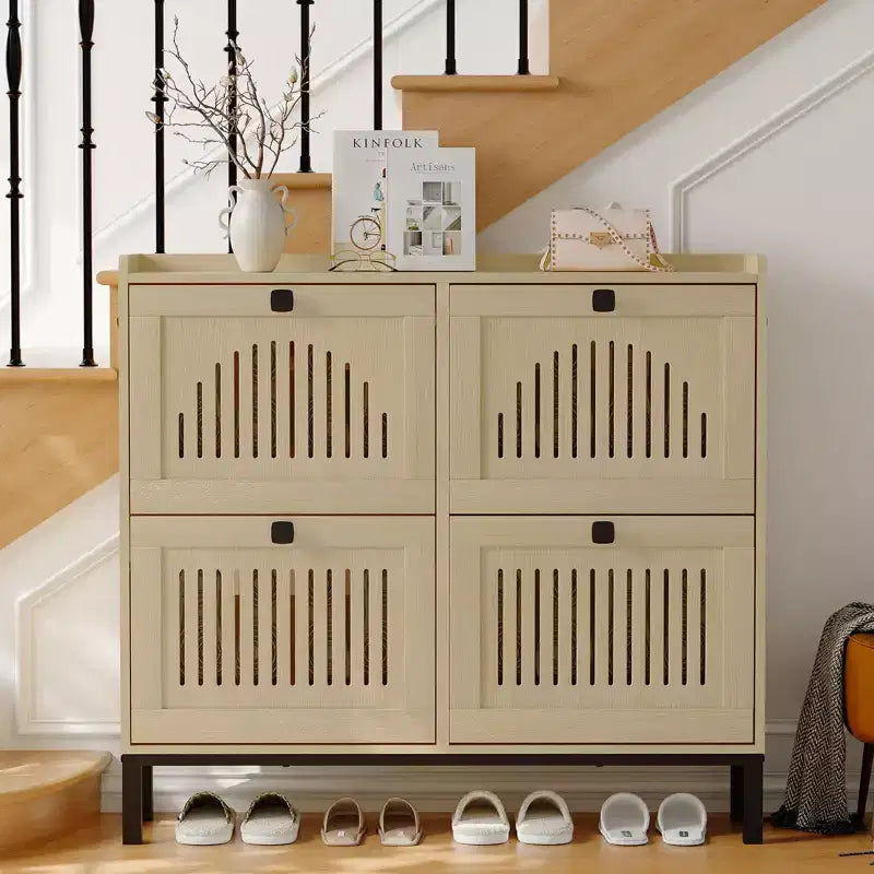 Meuble de rangement pour chaussures, Organisateur de chaussures - Design moderne à 4 portes abattantes avec étagères réglables, Gain de place pour l'entrée, le couloir et le salon