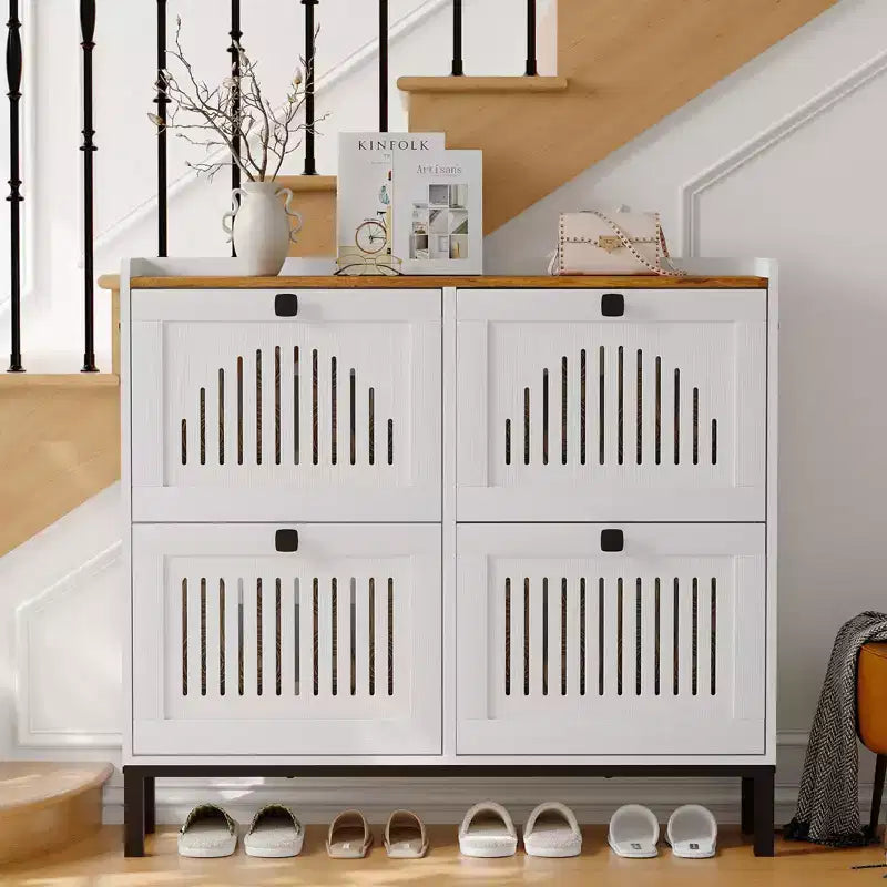 Meuble de rangement pour chaussures, Organisateur de chaussures - Design moderne à 4 portes abattantes avec étagères réglables, Gain de place pour l'entrée, le couloir et le salon