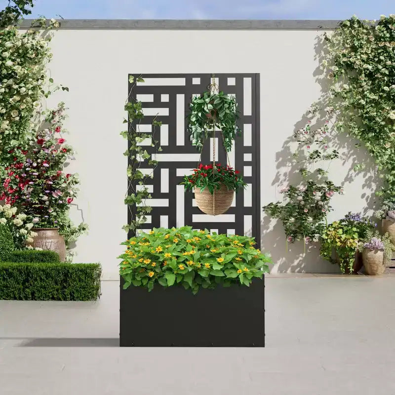 Jardinière en fer forgé noir MAYEERTY avec treillis (style urbain), 47x24x12, jardinière compacte pour jardin extérieur