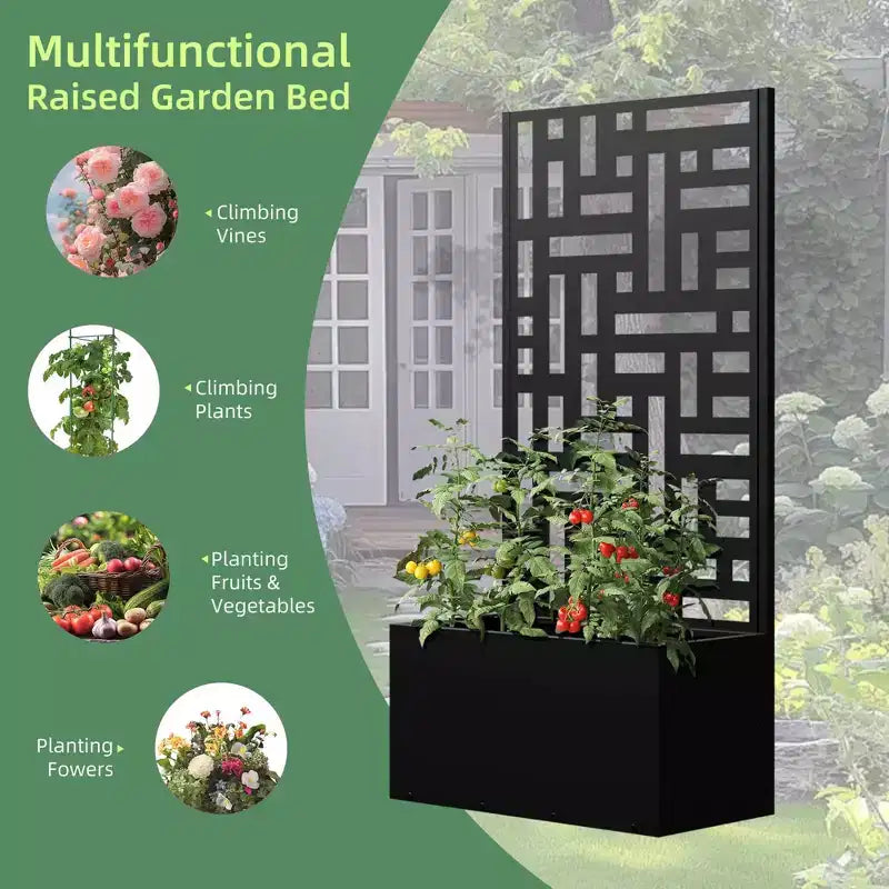 Jardinière en fer forgé noir MAYEERTY avec treillis (style urbain), 47x24x12, jardinière compacte pour jardin extérieur
