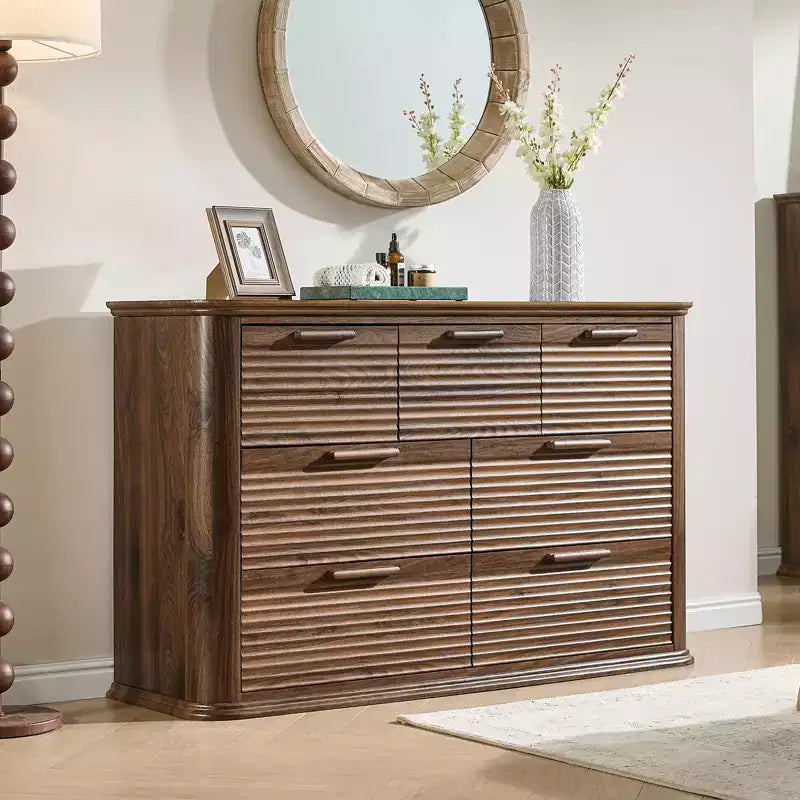 JVNOXK 52 Inch Modern Wooden Seven-Drawer Cabinet, Suitable for Bedroom, with Curved Contour Design, Living Room Storage Cabinet, Walnut