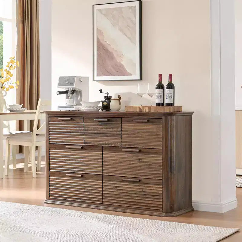 JVNOXK Commode Moderne à Sept Tiroirs en Bois de 132 cm, Adaptée à la Chambre, avec Design à Contours Courbés, Meuble de Rangement pour Salon, Noyer