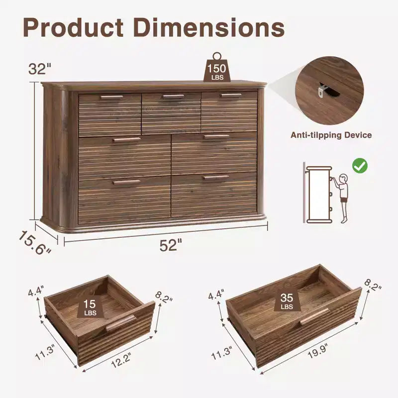 JVNOXK Commode Moderne à Sept Tiroirs en Bois de 132 cm, Adaptée à la Chambre, avec Design à Contours Courbés, Meuble de Rangement pour Salon, Noyer